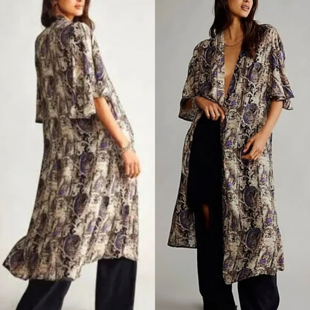 Free People Violet Longline  Print Short  sleeve Duster